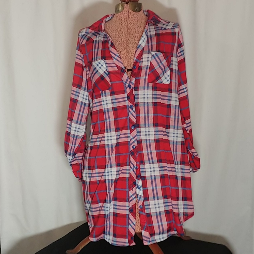 Extra Long Classic Red Plaid Button Up Top / Dress